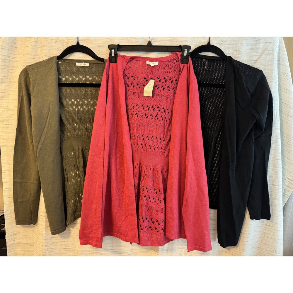 Maurices Cardigan Bundle Lot 3 Crochet Lace Back Open Front Pink Green Black L